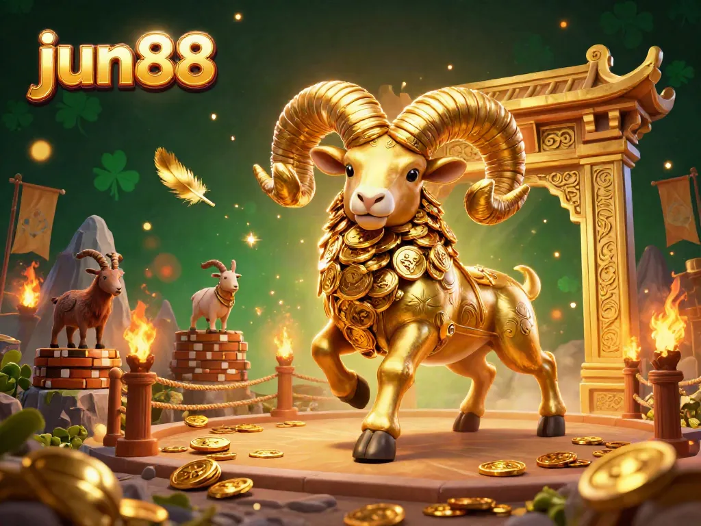 Experience the thrill at jun88 with a golden ram charging through a vibrant casino arena.