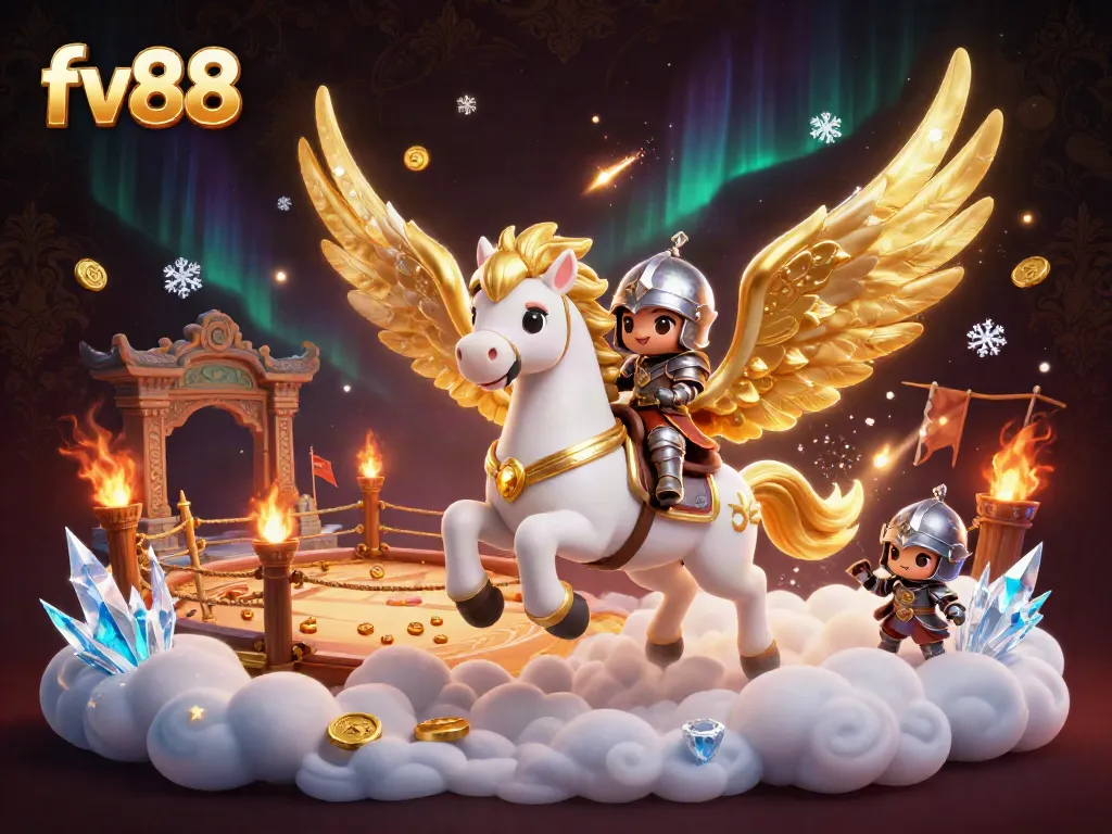 Experience exciting gameplay at fv88 with a vibrant 3D scene showcasing a mystical horse and knight in a dynamic casino atmosphere.