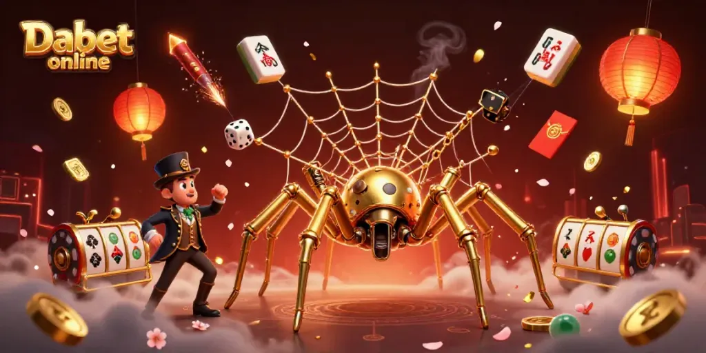 Dabet online showcases a vibrant steampunk scene with a golden spider, lanterns, and casino elements.