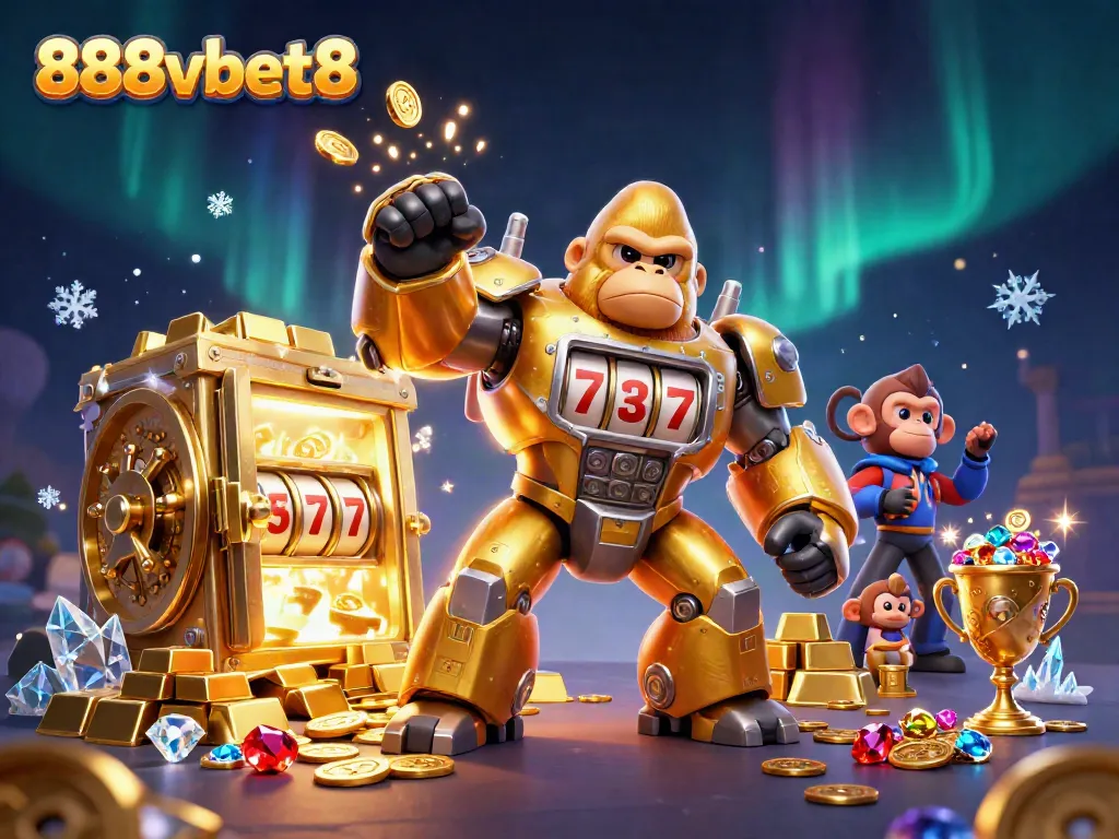 Win big with 888vbet8 as a golden gorilla mech powers through exploding coins and treasures.
