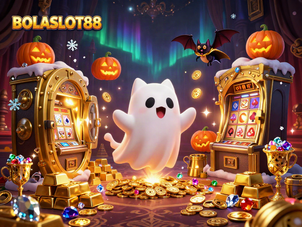 Experience the excitement of BOLASLOT88 with a friendly ghost cat and treasures in a haunted casino!