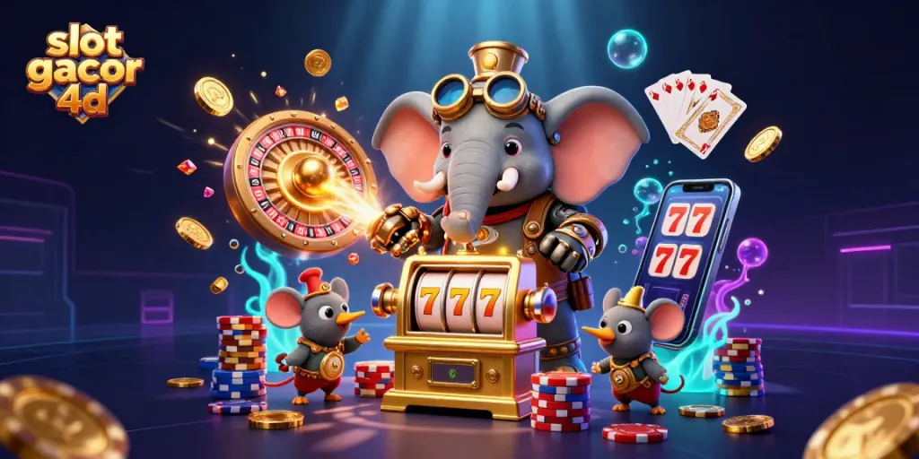 Slot gacor 4d memutar gulungan mesin slot emas yang dikelilingi dengan koin dan permata bersinar.