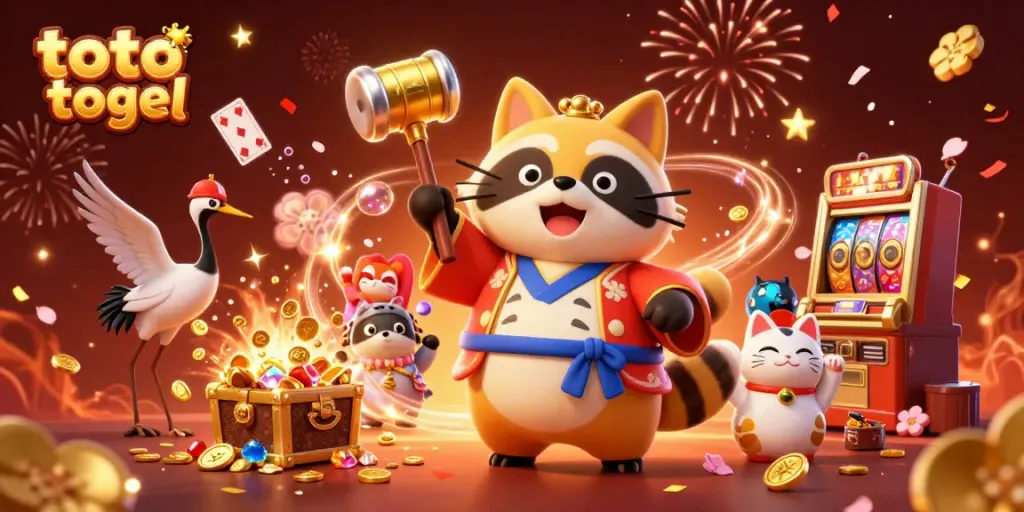 Merayakan kemenangan toto togel dengan tanuki ceria dan kucing keberuntungan di latar yang meriah.