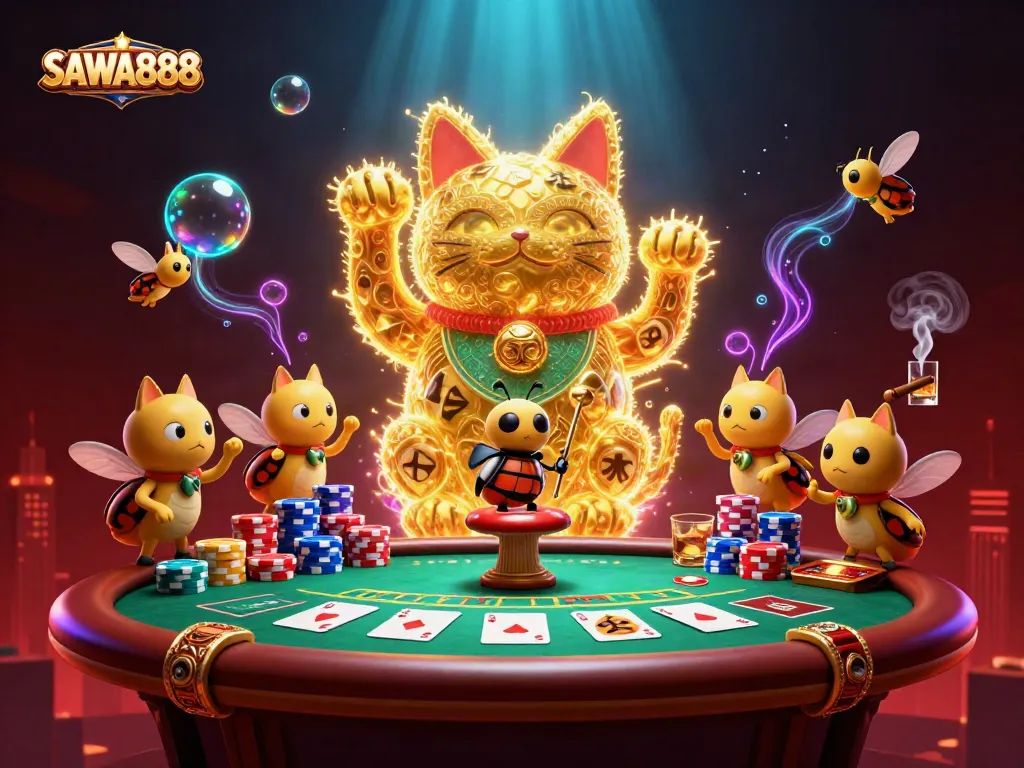 Engage with SAWA888 in a vibrant 3D casino world filled with dynamic visuals and gaming elements.