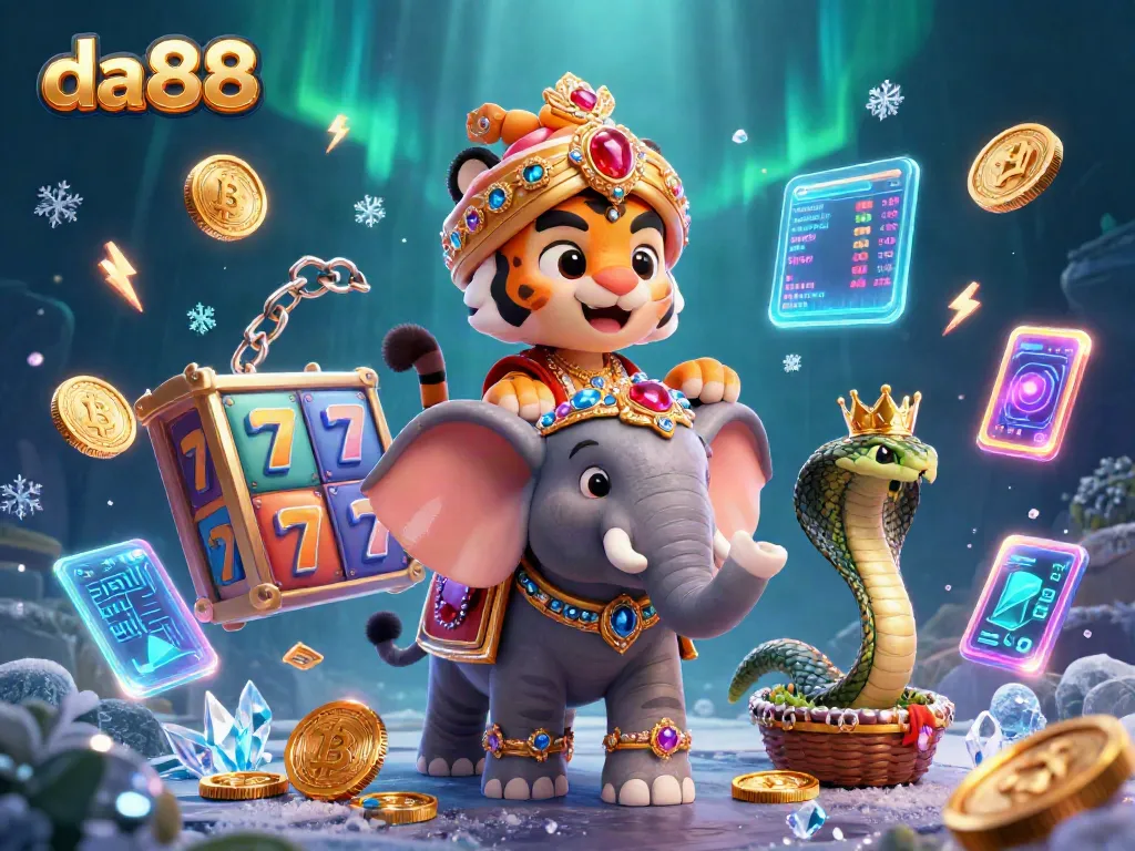 Win big with da88, featuring vibrant slots, a jewel-encrusted elephant, and crypto coins.