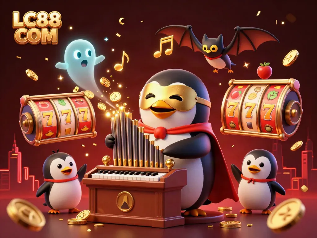 Experience the thrill of gaming at LC88 COM with a vibrant casino scene featuring a penguin playing organ and dynamic slot elements.