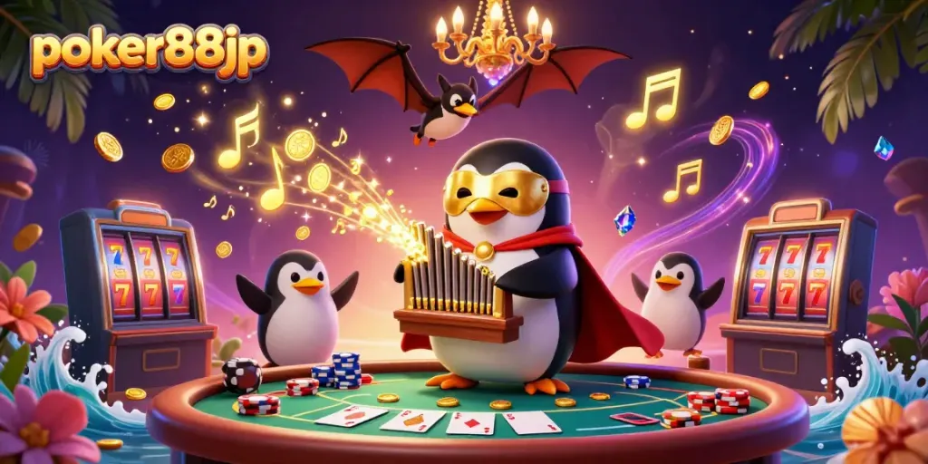 Experience poker88jp excitement as cartoon characters engage in lively casino action with coins and chips.