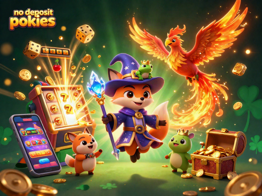 Play no deposit pokies at vibrant 3D casino illustrated with a wizard, phoenix, and dynamic game elements.