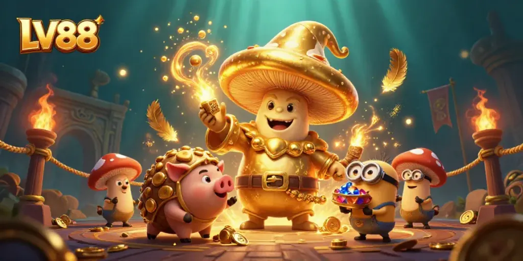 Engage with LV88's golden wizard using magic to transform winnings amidst a dynamic casino scene.