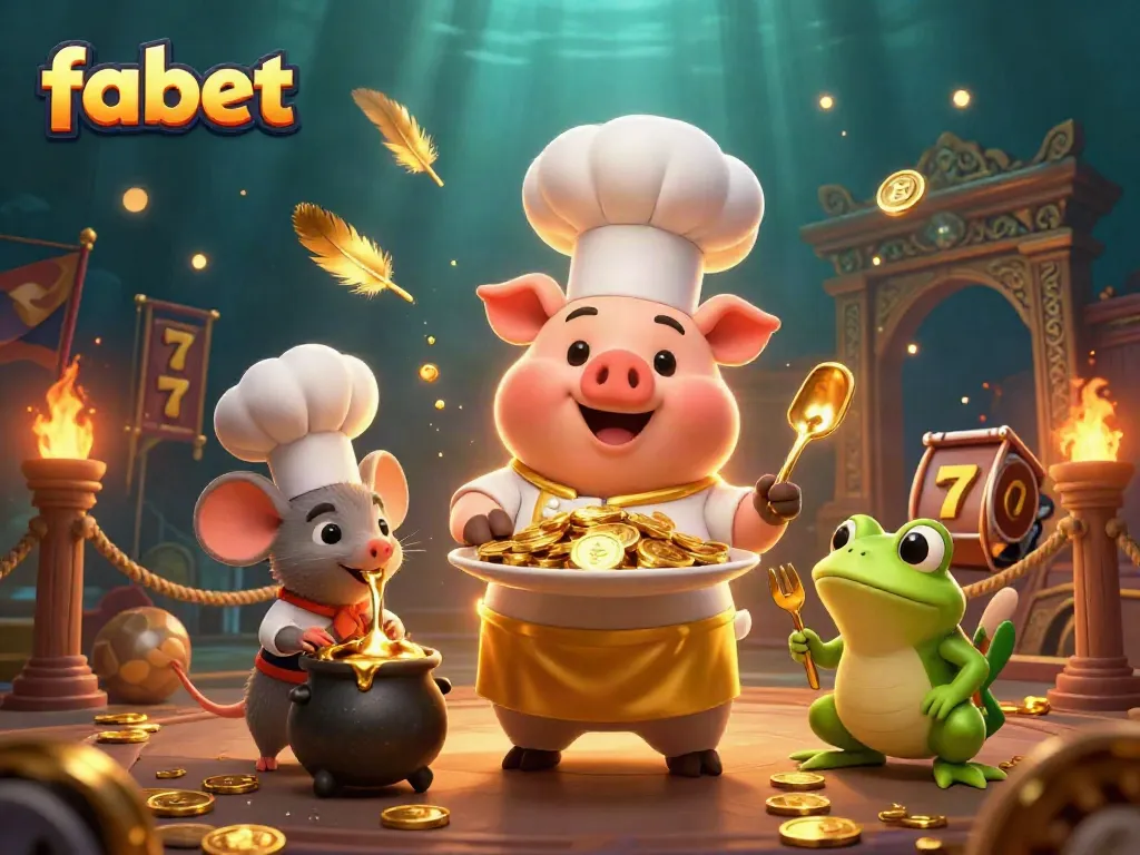 Experience the vibrant fabet atmosphere with a chef pig, sous-chef mouse, and food critic frog in a lively slots scene.