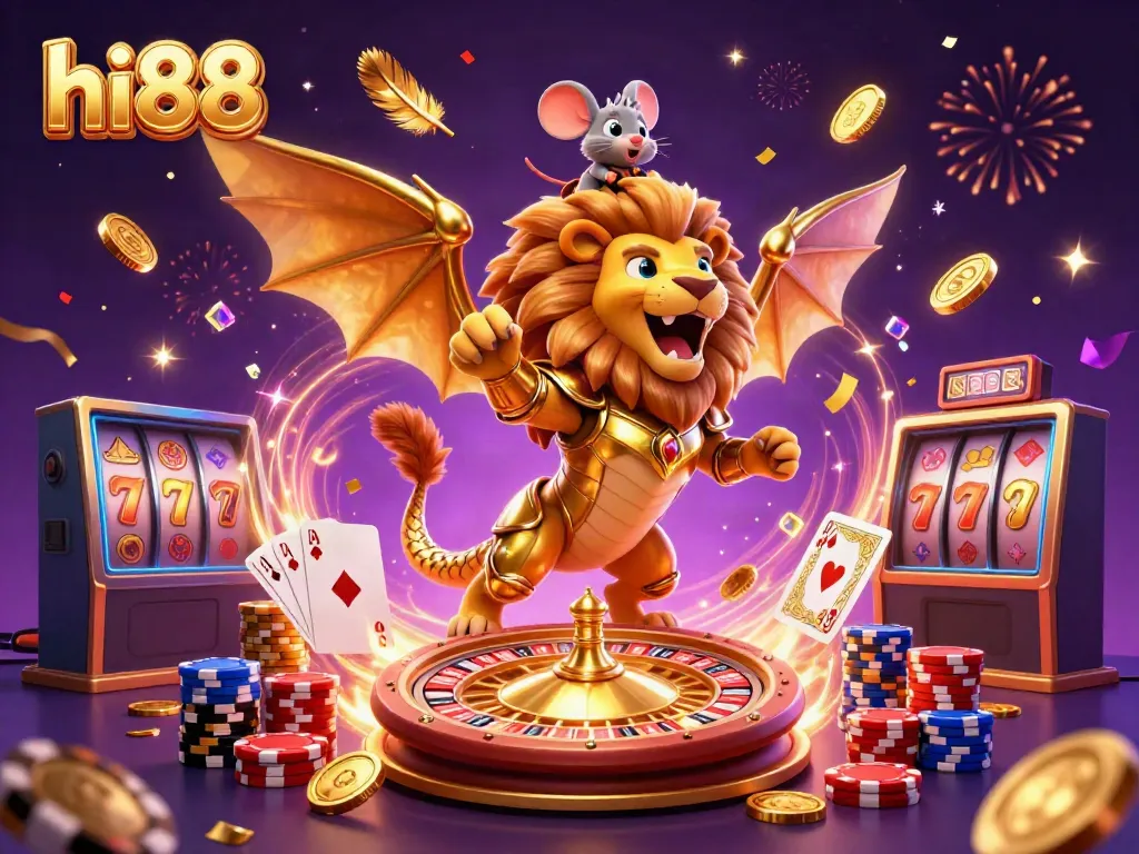 Engage in a thrilling hi88 gaming experience with a roaring chimera, colorful poker chips, and sparkling gems.