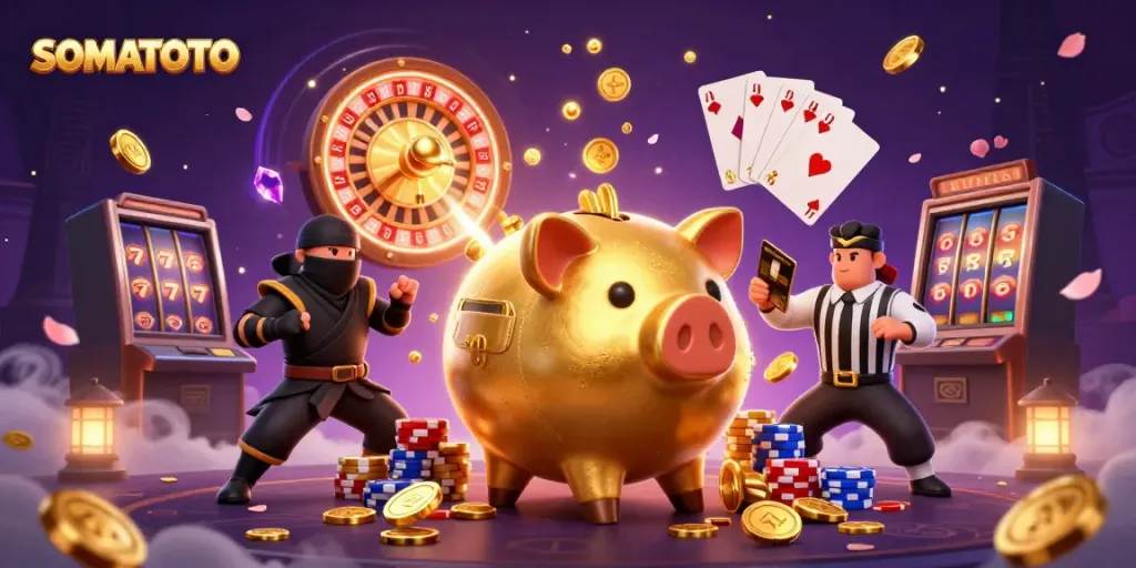Engage with SOMATOTO's thrilling 3D casino experience featuring golden treasures and dynamic characters.