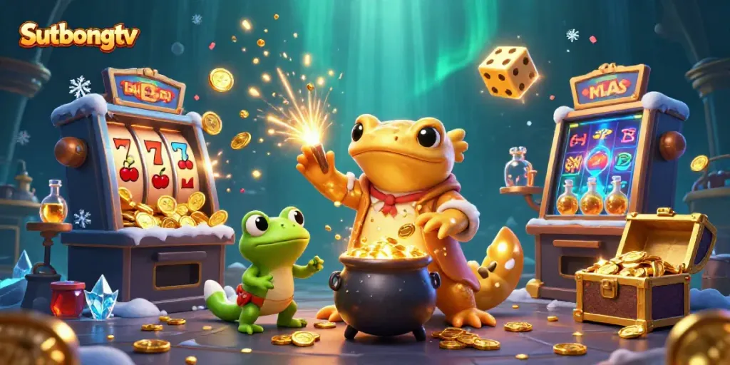 Sutbongtv showcases a thrilling scene of cartoon characters in a magical casino environment, celebrating wins with dynamic slot elements.