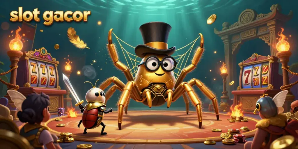 Temukan keseruan dengan slot gacor yang menghadirkan gambar tarantula emas raksasa dan ksatria serangga berkelahi di arena judi penuh hiasan.