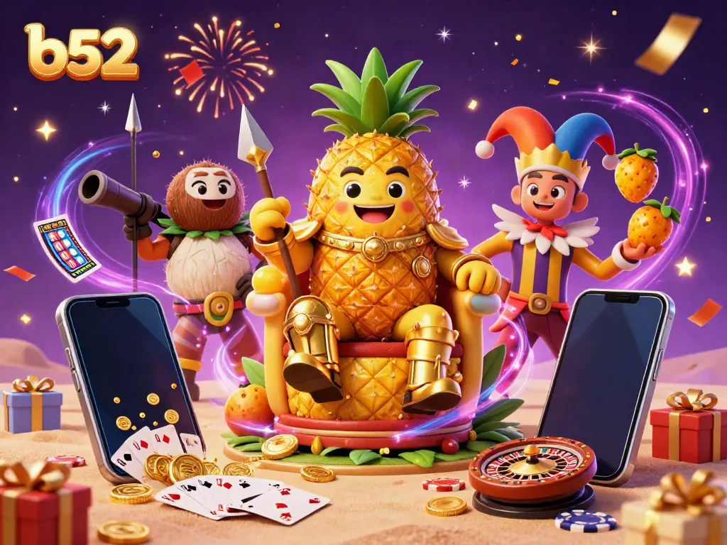 Experience the exciting world of b52 with a vibrant 3D casino illustration featuring a pineapple king and thrilling gaming elements.
