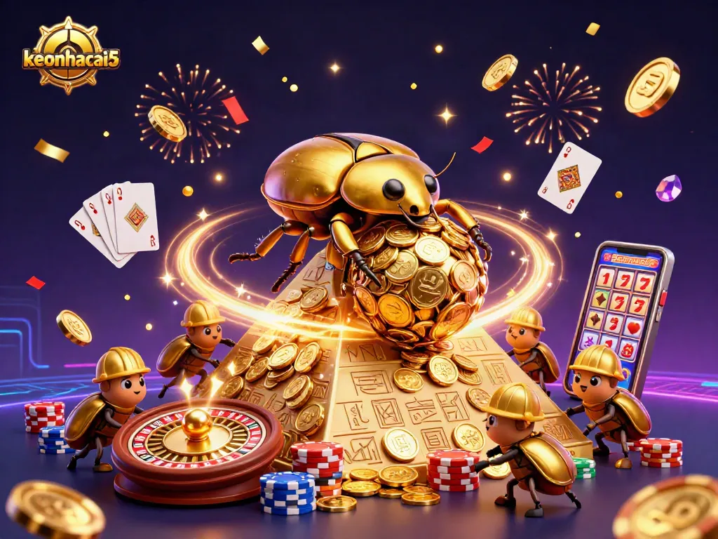Experience exciting gameplay with keonhacai5 as golden beetles roll coins and casino symbols in a vibrant atmosphere.