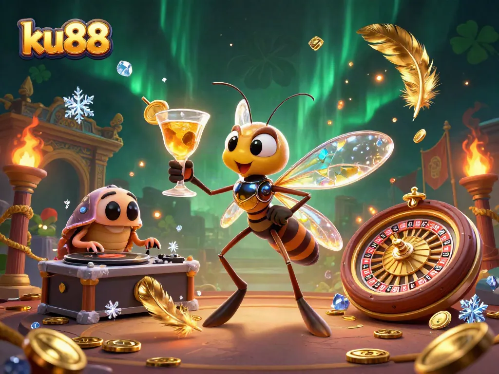 ku88 casino mascot bringing life to vibrant gaming with golden roulette, DJ, and festive elements.