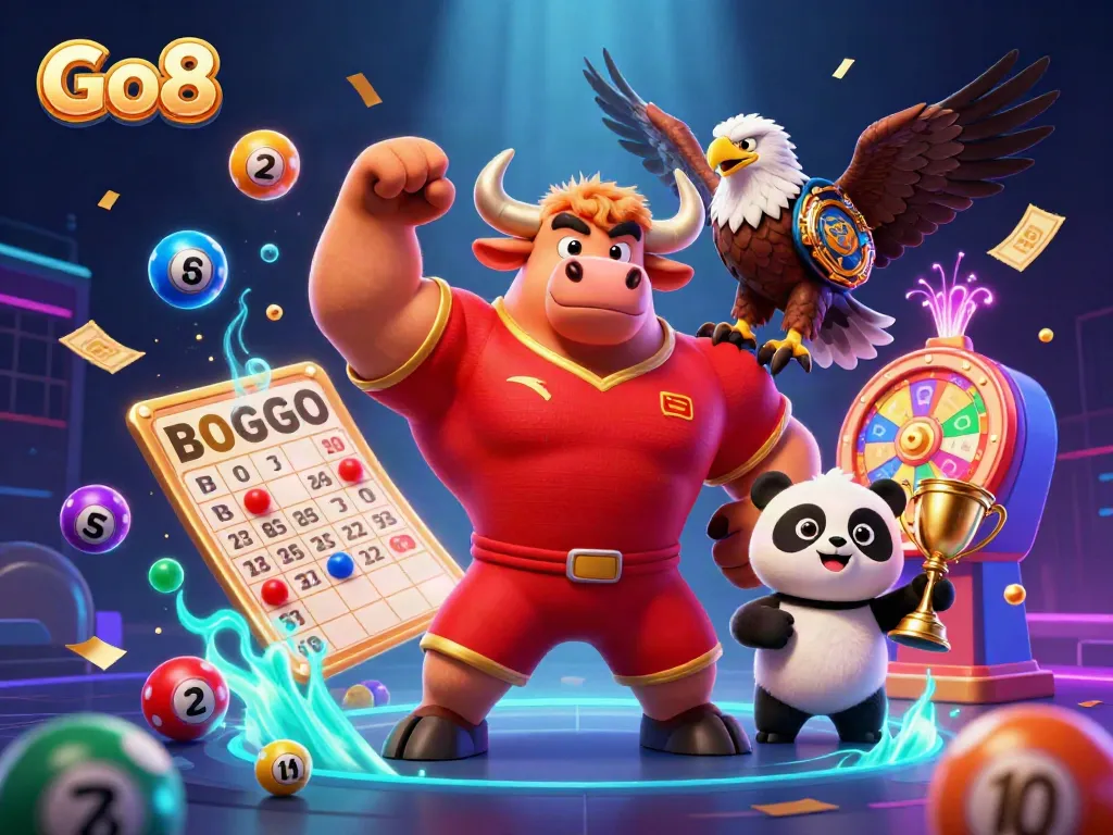 Go8 dynamic gaming scene with a bull mascot, eagle, and panda amidst lottery elements.