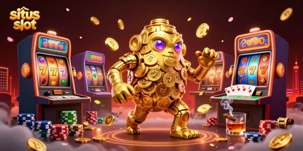 Spin the reels with the situs slot golem and colorful symbols in a lively casino scene.