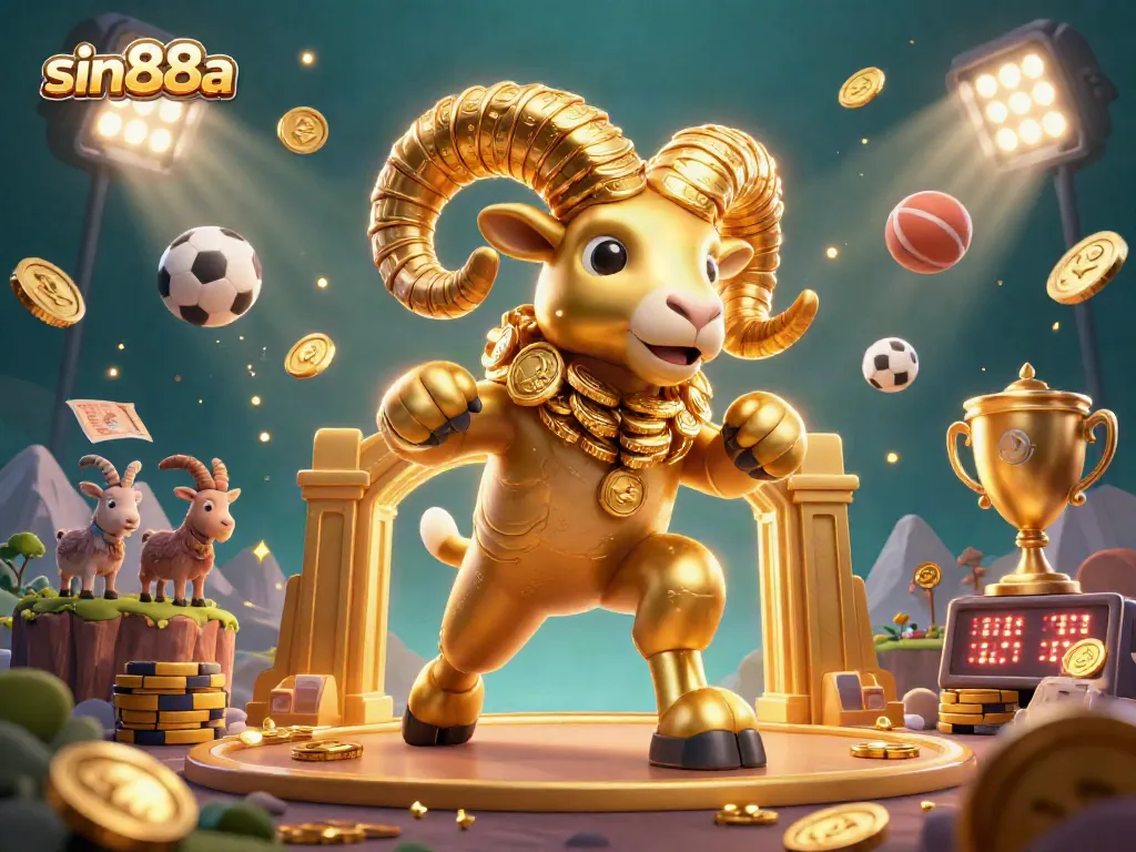 Experience the excitement of sin88a as a golden ram charges through a vibrant gambling-themed scene.