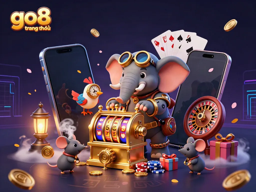 Engage with the exciting world of go8 trang chủ, featuring a playful steampunk elephant engineer managing a golden slot machine and dynamic casino elements.