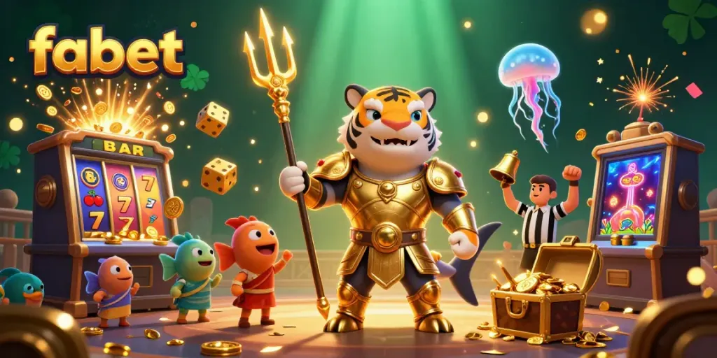 Experience thrilling gameplay with fabet as a tiger shark in gladiator armor wields a powerful trident in an underwater casino.