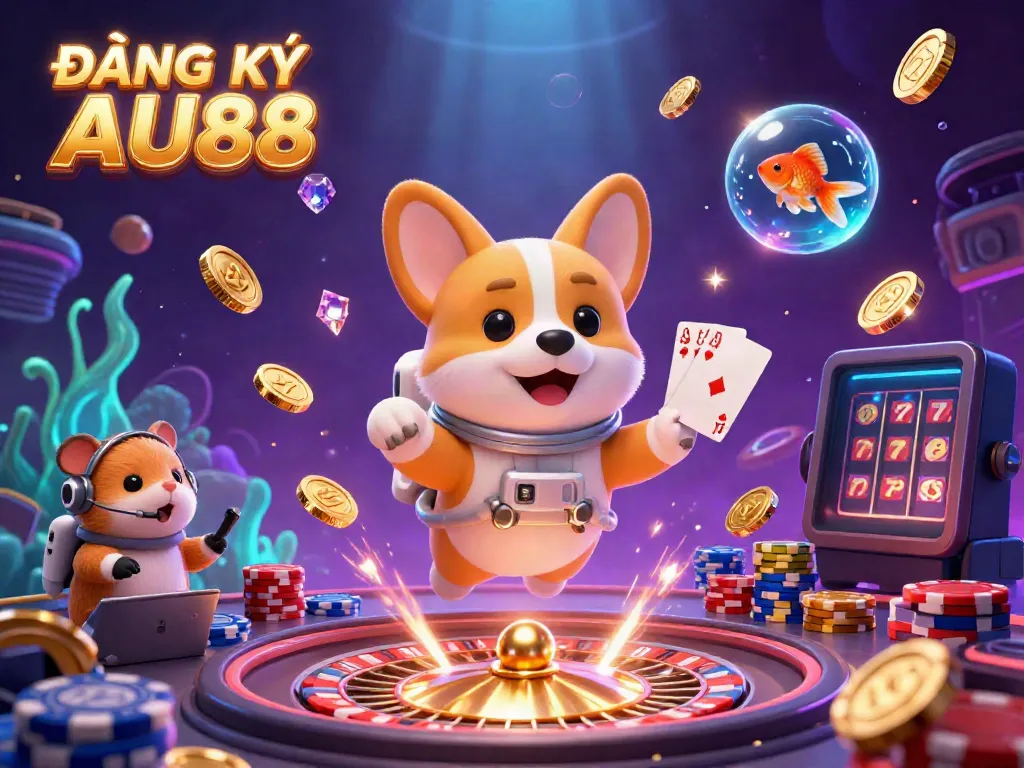 Experience the excitement with ĐĂNG KÝ AU88 in a captivating 3D casino scene featuring a floating corgi and magical gaming elements.