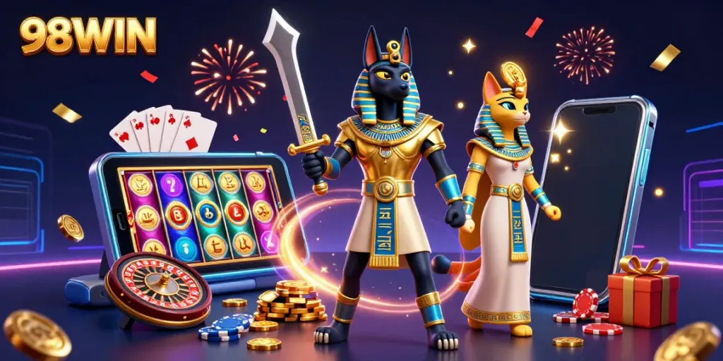 Engage with exciting gaming action at 98WIN featuring Anubis and Bastet amidst dynamic casino elements.