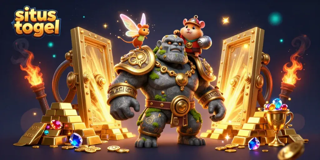 Situs togel promotional illustration with a stone golem, fairy, and hamster knight amidst gold treasures.