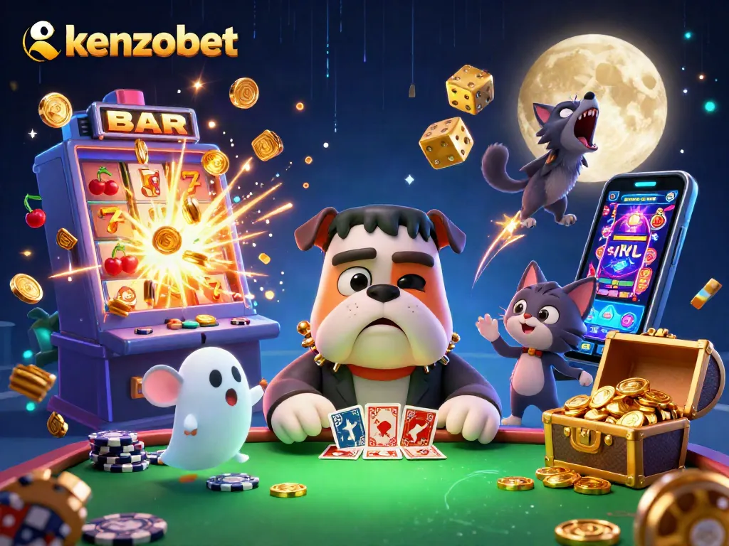 Experience thrilling gameplay with Kenzobet's top games and exciting jackpots in an illustrated scene.