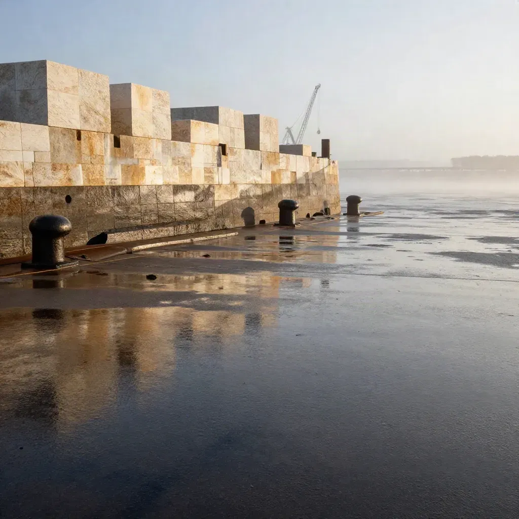 Port przeładunkowy po deszczu, kamienne bloki i mgła o zachodzie słońca.