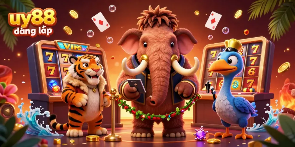 Experience the vibrant world of uy88 đăng nhập, featuring a woolly mammoth bouncer and a saber-tooth tiger in a dynamic casino scene.