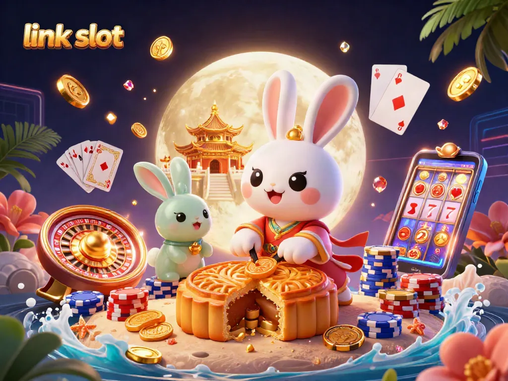 Engage in link slot gaming with an enchanting scene featuring a moon rabbit uncovering poker chips.