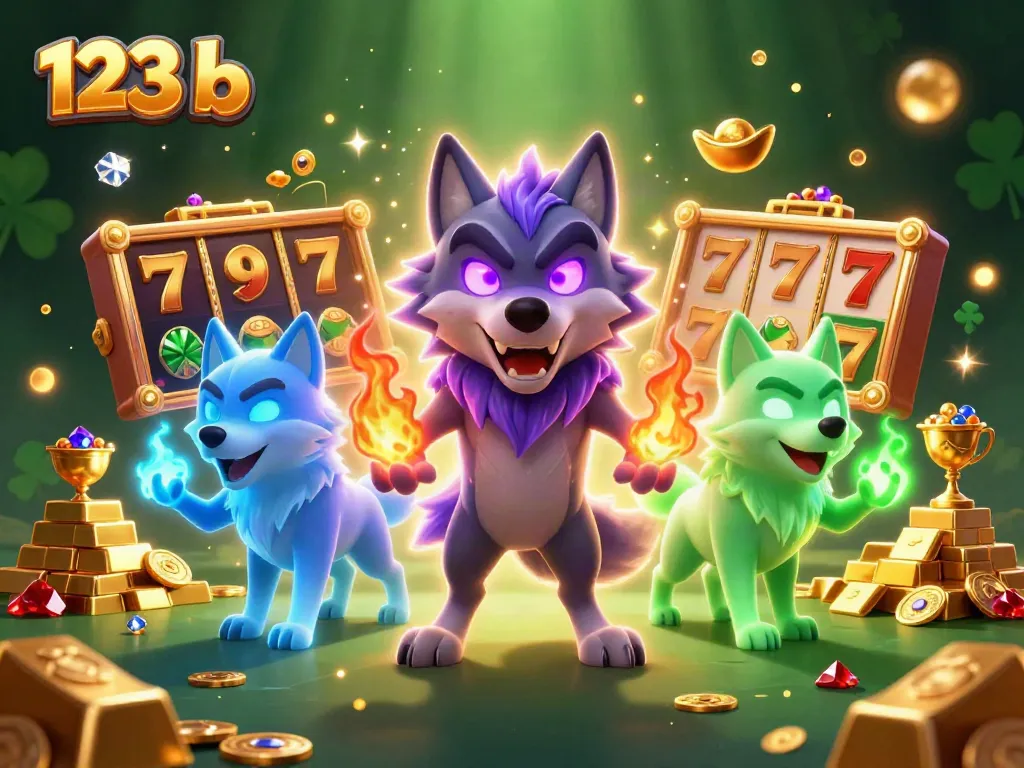 Experience thrilling slots with 123 b's ghostly wolves guarding treasures and jackpots in an exciting casino scene.