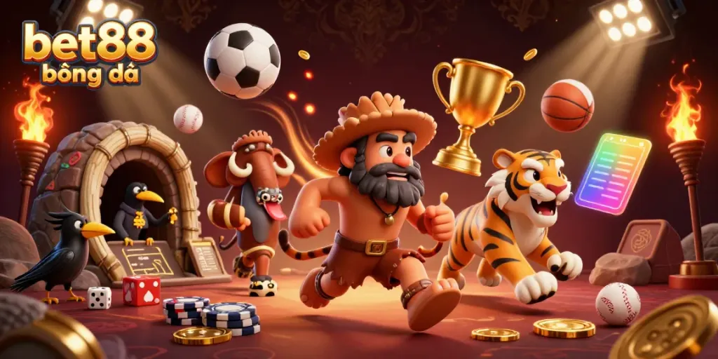 Bet88 bóng đá showcases thrilling prehistoric casino antics featuring sports balls, iconic characters, and vibrant animations.