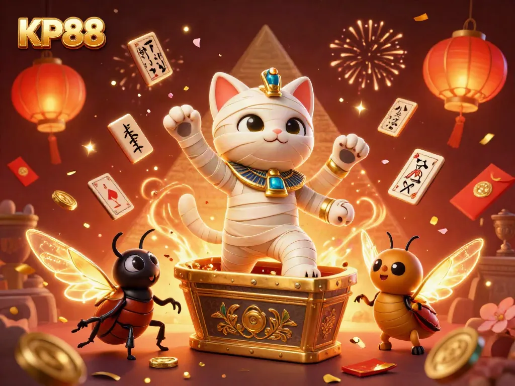 KP88 casino features a cartoon Egyptian mummy cat surrounded by glamorous gaming elements like cards and gold
