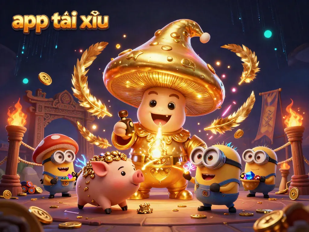 Engage in the magical world of app tài xỉu with golden treasures and energetic 3D characters.