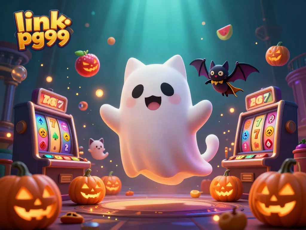 Engage with link pg99 in an exciting haunted casino scene featuring a friendly ghost cat and vibrant slot elements.