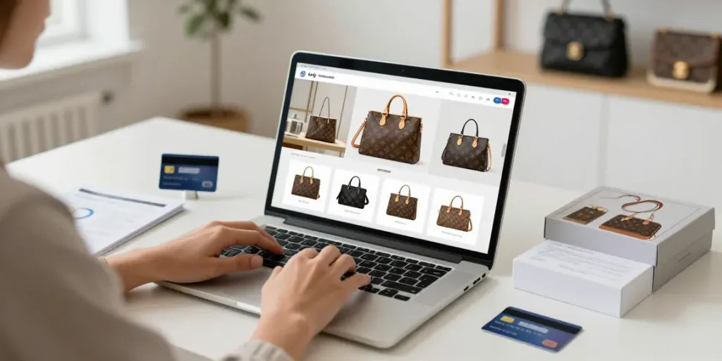 Online shopping for Fake Baga with premium replicas on modern workspace.