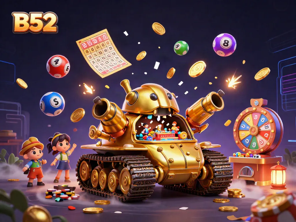 Experience the excitement of B52 with a festive casino-themed golden tank and vibrant game elements.