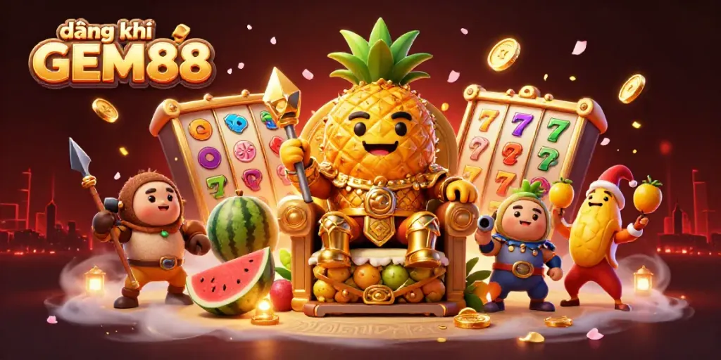 Experience the excitement of đăng ký GEM88 in this vibrant casino scene featuring a golden pineapple king and lively characters.