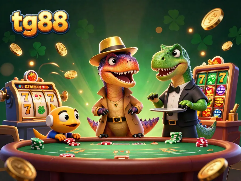 Experience thrilling gameplay at tg88 with a vibrant illustration of a velociraptor at a blackjack table, showcasing slot reels and jackpot excitement.