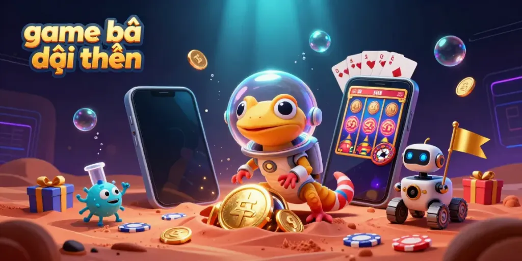 Experience game bài đổi thưởng with a Martian gecko discovering a golden casino amid vibrant gaming elements.