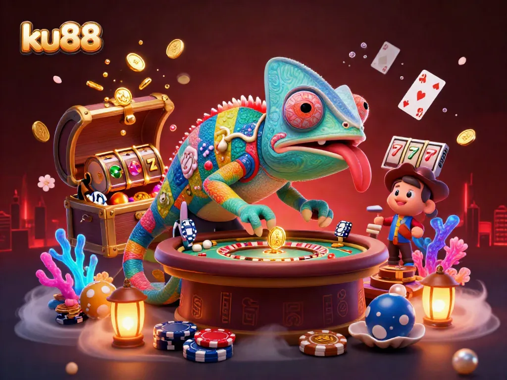 Experience winning with ku88's vibrant casino scene featuring chameleon characters and slot elements.