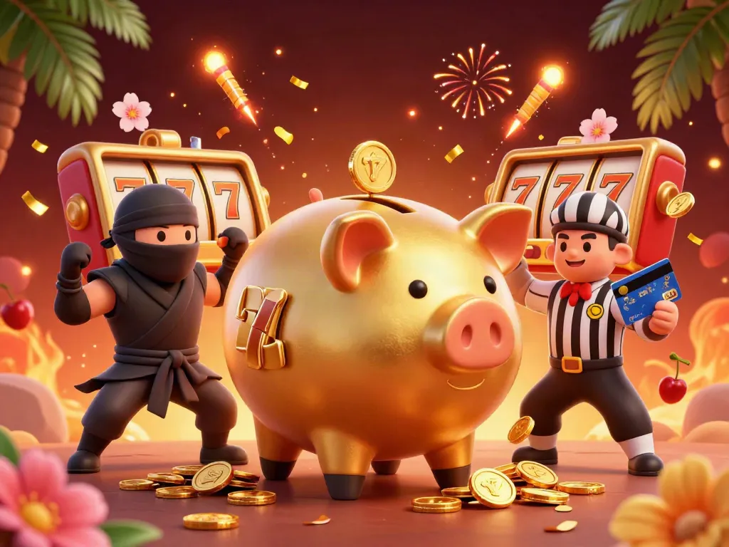 Experience the thrill of hitclub with a golden piggy bank sumo wrestler and dynamic casino action.