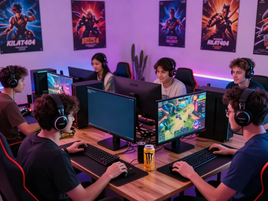 Engaging gaming scene showcasing KILAT404 platform with diverse players and vibrant graphics.
