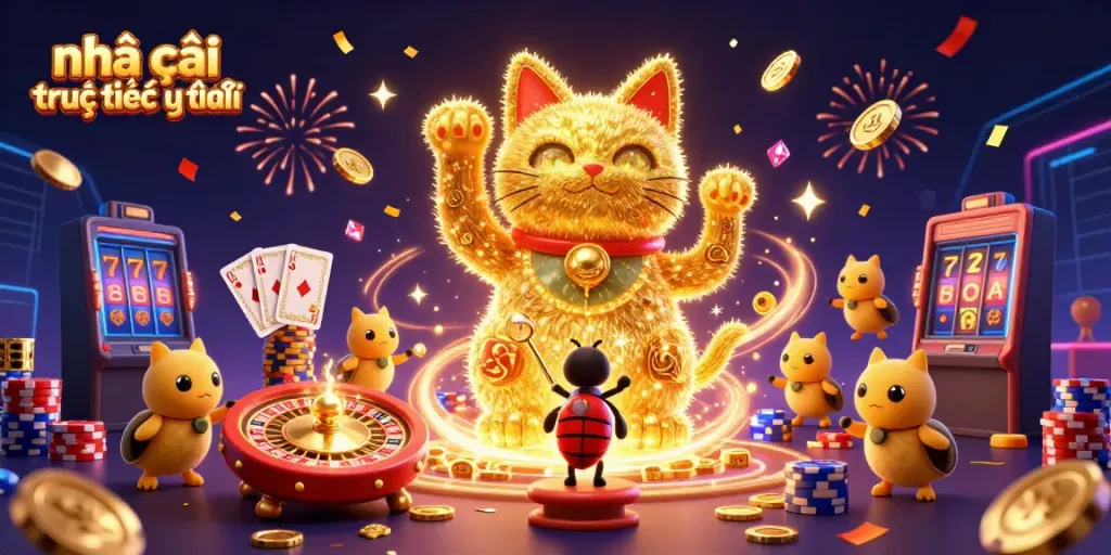 Experience the excitement of nhà cái trực tuyến uy tín with a vibrant 3D illustration featuring a lucky cat and casino symbols.