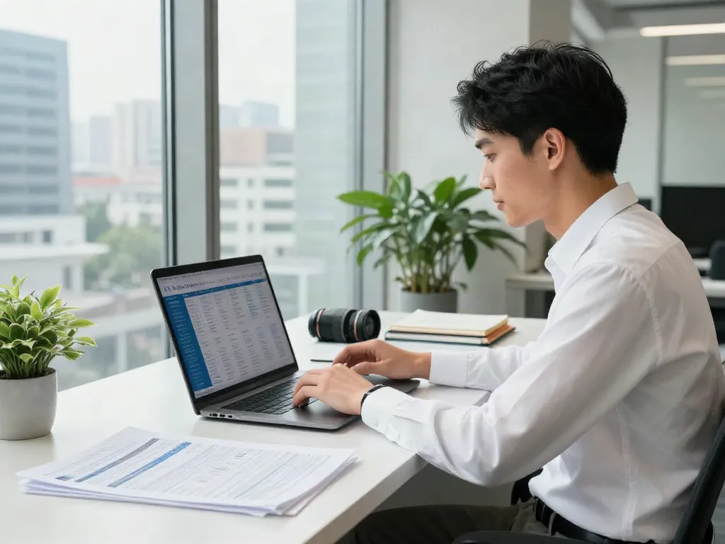 Analyst at ISTANA404 workspace examining data analytics chart on laptop in modern office.