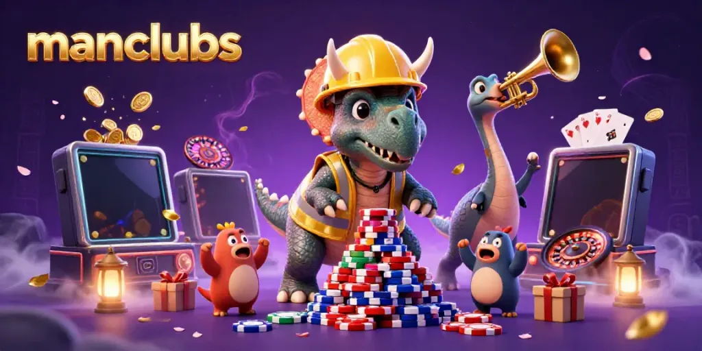 manclubs 3D cartoon illustration featuring a triceratops building poker chips with gambling elements.