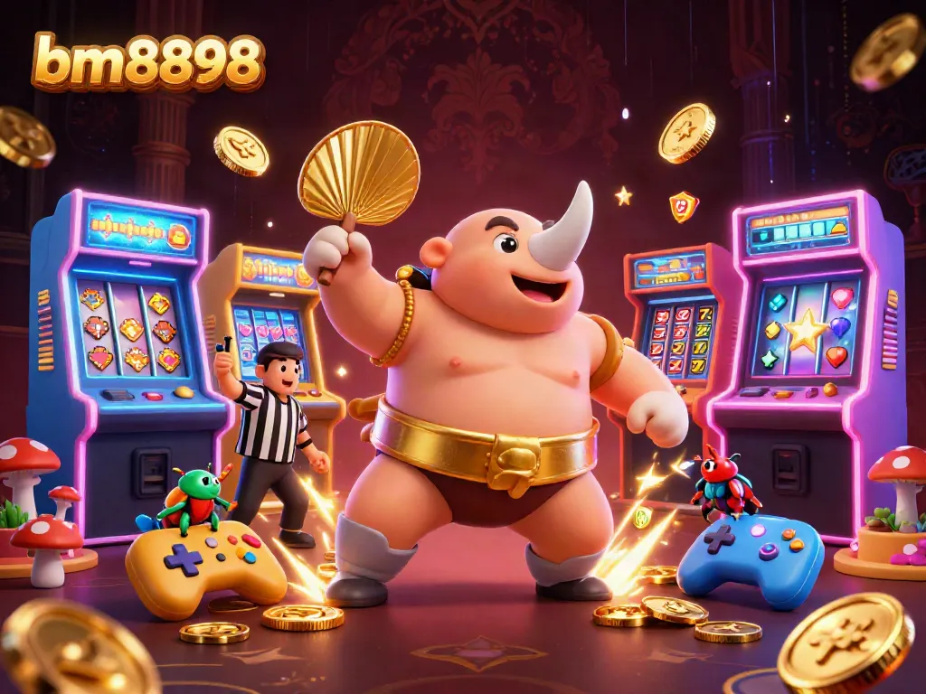 Experience the dynamic energy of bm8898 with a sumo beetle champion surrounded by slot game excitement.